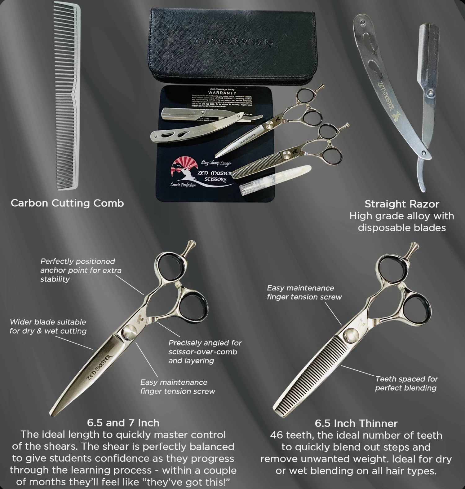 ZEN MASTER SCISSORS - Junior Barber Kit – 6.5" Left Handed 3 ZEN MASTER SCISSORS - Junior Barber Kit – 6.5" Left Handed